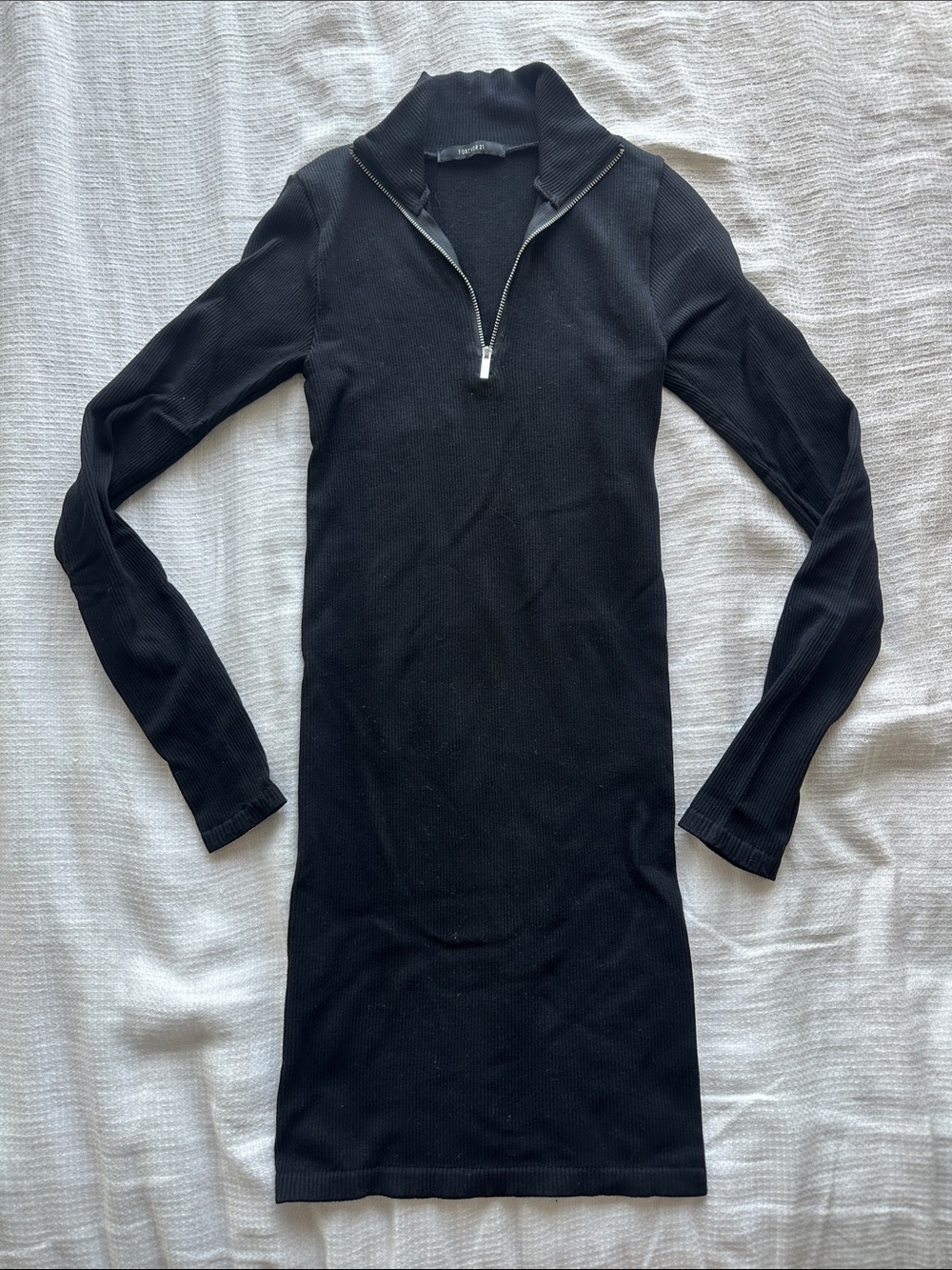 Forever 21 Black Ribbed Half-Zip Long-Sleeve Dress